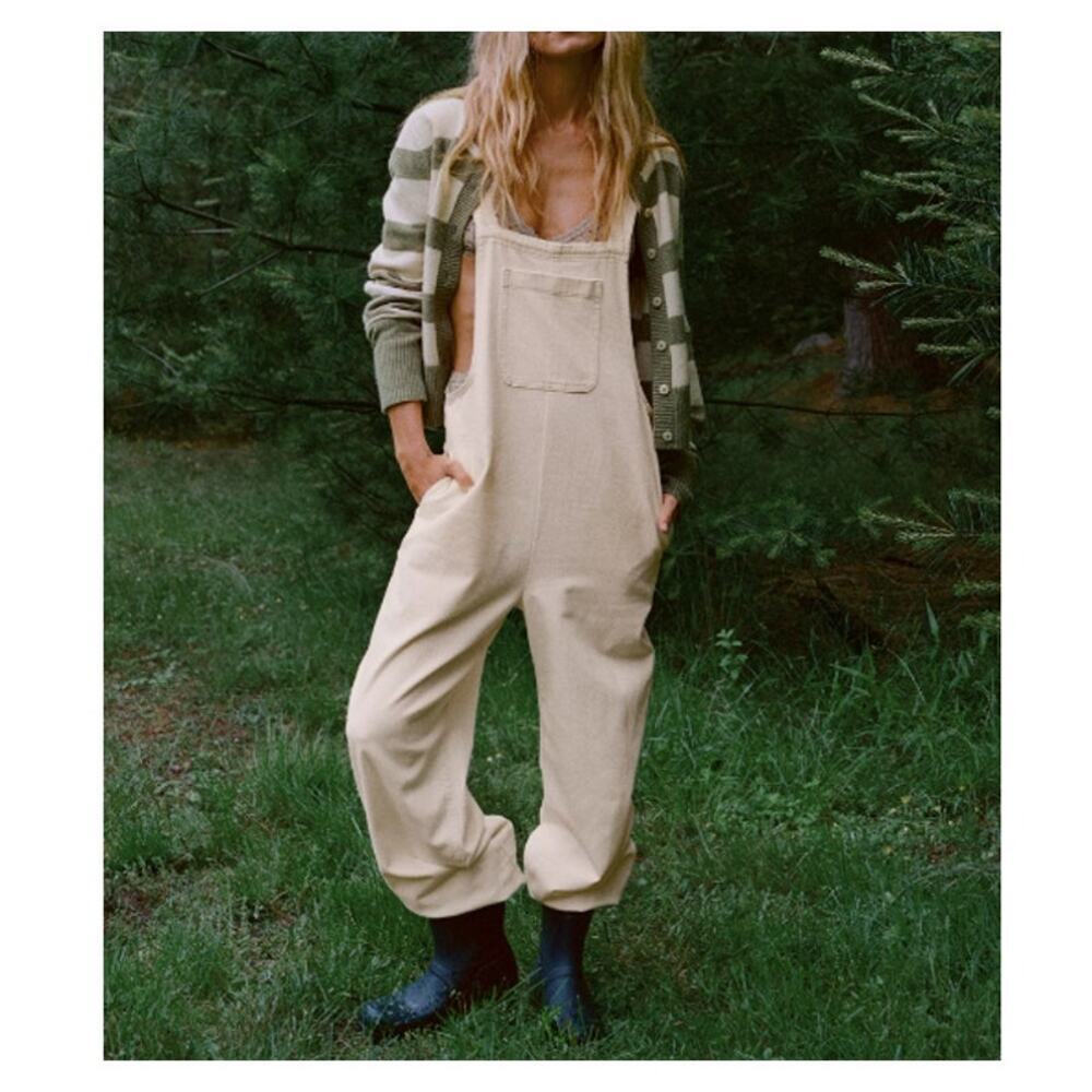 Aerie Denim Greige Off White Denim Overalls Size Large